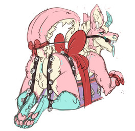 accessory anus backsack balls bdsm bit_gag bondage bound bow_(feature) bow_accessory bow_knot bow_ribbon butt fuck_bench fur furgonomics gag gagged genitals horn looking_back male nude open_mouth pink_body pink_scales presenting presenting_hindquarters raised_tail ribbons scales simple_background solo submissive submissive_male tail tail_accessory tail_bow tail_ribbon tail_tied tongue meldritchhorror mythology drago_van_pierce dragon mythological_creature mythological_scalie scalie
