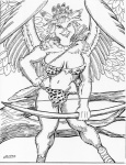 1997 accipitrid accipitriform animal_print animal_print_bikini anthro arrow_(weapon) avian big_breasts bikini bird black_and_white bow_(weapon) bra branch breasts cheetah_bikini cheetah_print clothed clothing eagle feathered_wings feathers female greyscale harpy_eagle holding_object holding_weapon in_tree jewelry leaf looking_at_viewer monochrome necklace non-mammal_breasts oscar_marcus pattern_bikini pattern_clothing pattern_swimwear pen_(artwork) pinup plant plume pose quiver_(object) ranged_weapon skimpy solo spread_wings swimwear tight_clothing traditional_media_(artwork) tree two-piece_swimsuit underwear weapon wings wood
