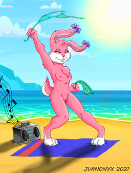 beach bikini clothing dancing electronics female holidays landscape music musical_note musical_symbol nude_beach nudist radio sea seaside solo summer sun swimwear symbol two-piece_swimsuit water juanonyx tiny_toon_adventures warner_brothers babs_bunny lagomorph leporid mammal rabbit absurd_res hi_res