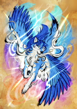 blue_eyes fantasy feathered_wings feathers feral floating flying male peaceful serene solo sumi_e wings thehavanawolf capcom okami_(capcom) canid canine canis mammal wolf digital_media_(artwork) hi_res