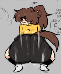 angry animal_ears animal_tail big_butt bottomwear brown_hair butt clothing crouching ears_back embarrassed female hair huge_butt hyper hyper_butt long_socks looking_away pivoted_ears ponytail skirt solo spats sweater topwear twerking gazoogaloo animal_humanoid canid canid_humanoid canine canine_humanoid dog_humanoid humanoid mammal mammal_humanoid 2025 digital_drawing_(artwork) digital_media_(artwork) sketch
