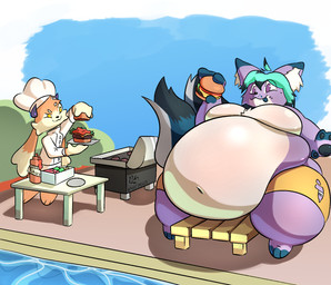 ambiguous_gender anthro belly belly_expansion belly_inflation big_belly big_butt bloated butt clothing duo expansion feederism food food_fetish huge_belly inflation male male/male moobs navel onomatopoeia overweight overweight_anthro poolside sound_effects squish stuffing swimming_pool text weight_gain phantomdgen canid canine fox lagomorph leporid mammal rabbit colored digital_drawing_(artwork) digital_media_(artwork) hi_res