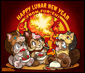 ambiguous_gender anthro blue_eyes bodily_fluids bottomless bowl breath_powers brown_body brown_eyes brown_fur brown_hair chibi chopsticks clothed clothing container crying dripping eating elemental_manipulation fangs featureless_crotch fire fire_breathing fire_manipulation food fur grey_body grey_fur group hair holding_object holidays hood hooves horn horse_costume kemono male noodles open_mouth pawpads saliva saliva_drip shrimp_(food) sitting tan_body tan_fur tears teeth text tongue tongue_out trio wearing_costume white_body white_fur yellow_eyes o-kemono chinese_new_year chinese_zodiac fur-eh_convention year_of_the_horse beaver bovid caprine felid feline lynx mammal rodent sheep 2026 english_text