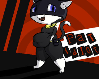 anthro belly belt big_belly black_body black_fur blue_eyes clothing dipstick_tail fur humor kerchief looking_at_viewer markings mask mostly_nude multicolored_tail overweight solo tail tail_markings text thick_thighs white_body white_fur sephaloid atlus megami_tensei persona_(series) persona_5 sega morgana_(persona) domestic_cat felid feline felis mammal tuxedo_cat 2019 5:4 aliasing digital_media_(artwork) english_text