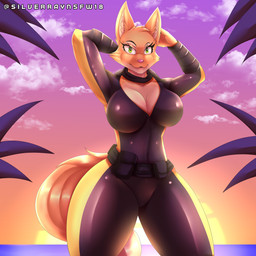 anthro beach big_breasts breasts clothed clothing female green_eyes legwear pink_nose seaside solo synthwave tail thigh_highs silverray17 dreamworks the_bad_guys diane_foxington canid canine fox mammal 1:1 absurd_res hi_res