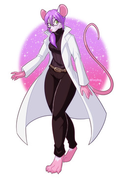 5_fingers accessory anthro belt bottomwear clothing coat eyewear feet female fingers fur glasses green_eyes hair hair_accessory hair_tie lab_coat no_shoes pants pink_feet pink_nose purple_hair raised_tail solo sweater tail topwear white_body white_fur fizzy-dog mammal murid murine rat rodent absurd_res hi_res signature