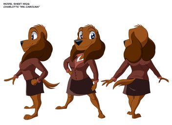 anthro blue_eyes bottomwear brown_body brown_fur clothing female fluffy_ears fur skirt solo suit teacher teacher_clothing text thick_thighs turnaround wide_hips kenthenugget charlotte_(crescent_blue) bird_dog canid canine canis domestic_dog hunting_dog mammal spaniel absurd_res cel_shading english_text hi_res model_sheet shaded