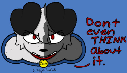 anthro black_ears black_nose collar freckled_face freckled_shoulders freckles fur grey_body grey_fur male questionable_consent red_eyes solo split_color stuck text through_wall tuft white_body white_fur stupidassmutt zepheras canid canine canis domestic_dog mammal english_text