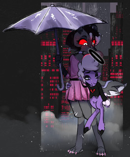 black_body black_fur blush city clothing fur halo outside purple_body purple_eyes purple_fur raining red_eyes size_difference tail umbrella wings sin-sational hellaverse helluva_boss mythology collin_(helluva_boss) molly_(violetechoes) angel bovid canid canid_demon canine caprine cherub demon hellhound mammal mythological_canine mythological_creature sheep hi_res