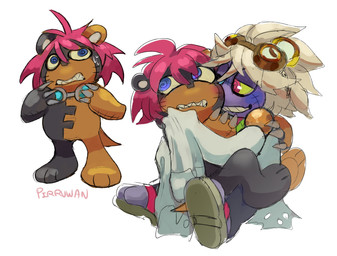 anthro blush brown_body brown_fur clothing coat cuddling duo embarrassed eyewear fur goggles grin hair lab_coat male male/male pink_hair plushie seam_(sewing) smile stitch_(sewing) topwear pirruwan bandai_namco digimon animate_inanimate appmon_(species) digimon_(species) living_plushie ludomon hi_res