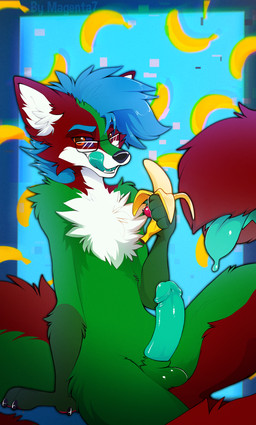 anthro balls banana black_nose eyewear food fruit fur genitals glasses green_balls green_body green_fur green_penis green_tongue humanoid_genitalia humanoid_penis male penis plant red_eyes solo tail tail_mouth tongue tongue_out unusual_anatomy unusual_tail magenta7 canid canine fox mammal hi_res