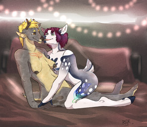anthro antlers bed bedroom_sex blonde_hair breasts curvy_figure duo female female/female furniture gidéonne green_eyes hair harness holidays horn love nude orange_eyes pose purple_hair sagging_breasts scut_tail sex short_tail small_breasts tail unknown_artist jena deer mammal digital_media_(artwork)