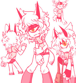 1_eye 4_fingers bag bottomwear clothed clothing female fingerless_gloves fingers fluffy fluffy_hair gloves hair handwear horn hotpants not_furry shorts simple_background solo standing tight_clothing topless white_background yellow_eyes young deaddemonbunny cyclops demon humanoid hi_res monochrome red_and_white signature spot_color