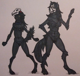 anthro black_body black_fur black_hair bone bone_mask breasts clitoris duo fangs female fur genitals hair larger_female long_hair mask navel neck_tuft nipples nude paws size_difference skull skull_head skull_mask slim small_breasts small_waist smaller_female snout standing tail teeth tuft vulva spacewhaleworship scp_foundation sami_(whisperfoot) scp-1471-a canid canine malo mammal skulldog_(species) hi_res marker_(artwork) traditional_media_(artwork)