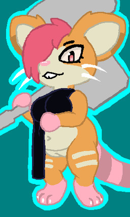 anthro big_breasts black_clothing breasts buckteeth clothing female female_anthro fur genitals hair hair_over_eye hammer holding_object holding_weapon looking_at_viewer multicolored_body multicolored_fur orange_body orange_fur partially_clothed_anthro partially_clothed_female pink_hair simple_background tail tan_body tan_fur teal_background teeth thick_tail tools two_tone_body two_tone_fur vulva weapon whiskers cake_(artist) atlyss mammal mouse murid murine rodent 2025 3:5 digital_media_(artwork) low_res oekaki pawprint.ing_(artwork)