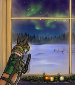 ambiguous_gender aurora_(phenomenon) bdsm bit_gag bondage bondage_gear bondage_gloves bound clothing collar ear_piercing feral forest gag gagged handwear harness hobbled holidays latex looking_away martingale_collar muzzle_(object) muzzled night piercing plant solo standing tree window loonertick christmas canid canine fox mammal red_fox true_fox absurd_res hi_res female_(lore)