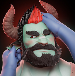 beard black_beard black_facial_hair black_hair blush brown_horn duo facial_hair front_view glistening glistening_eyes green_body green_skin hair horn looking_aside male male_humanoid mouth_closed multicolored_hair one_eye_closed red_eyes red_hair simple_background solo_focus two_tone_hair edvardiko humanoid 3d_(artwork) absurd_res digital_media_(artwork) hi_res