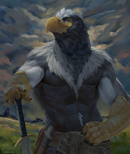 abs anthro beak belt claws clothed clothing finger_claws knife_sheath looking_aside male melee_weapon muscular muscular_anthro muscular_male neck_tuft outside solo sword topless topless_anthro topless_male tuft weapon yellow_beak samandaira iolar_(musingfor) accipitrid accipitriform avian bird eagle 2025 digital_media_(artwork) half-length_portrait portrait signature