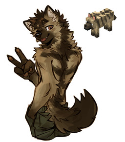 anthro athletic athletic_anthro athletic_male biped blep brown_body brown_fur clothed clothing ear_piercing ear_ring fur gesture hand_gesture looking_at_viewer male male_anthro piercing ring_piercing solo tongue tongue_out topless topless_anthro topless_male v_sign atkaso microsoft minecraft mojang xbox_game_studios canid canine canis mammal striped_wolf_(minecraft) wolf wolf_(minecraft) hi_res