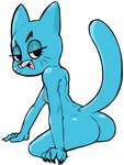 anthro blue_body breasts butt claws eyelashes female looking_at_viewer narrowed_eyes nipples nude open_mouth open_smile rear_view simple_background simple_coloring small_breasts smile solo white_background viofsa cartoon_network the_amazing_world_of_gumball nicole_watterson felid feline mammal 2024 digital_media_(artwork) hi_res