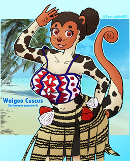big_breasts big_butt bottomwear breasts butt claws clothing collarbone curled_tail eyebrows fur markings orange_body orange_eyes orange_skin pouch_(anatomy) pupils shirt skirt slit_pupils spots spotted_body spotted_fur tail thick_eyebrows thick_thighs topwear whiskers wide_hips efradraws australian_possum cuscus mammal marsupial waigeo_cuscus absurd_res hi_res