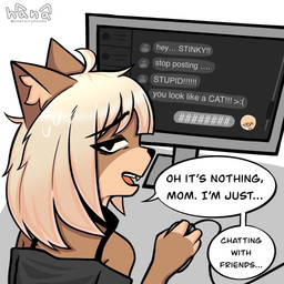 anthro collar computer_screen female looking_at_viewer open_mouth rear_view solo speech_bubble text tired_eyes dogfailureowo hana_(dogfailureowo) canid canine canis domestic_dog mammal 1:1 english_text hi_res