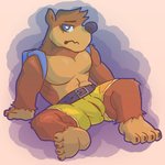 4_toes anthro arm_support backpack belt blue_eyes bottomwear brown_body brown_fur bulge clothed clothing feet fur male pecs shorts solo toes topless yellow_bottomwear yellow_clothing fanofthefurr banjo-kazooie rareware banjo_(banjo-kazooie) bear mammal 1:1