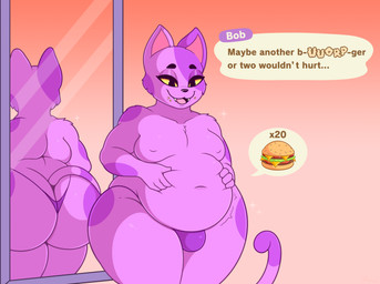 anthro belly big_belly big_butt biped bulge burger butt clothed clothing dialogue fangs food fur huge_butt male male_anthro obese obese_anthro obese_male overweight overweight_anthro overweight_male pupils purple_body smile solo speech_bubble tail teeth text thick_thighs thong topless underwear blepwep animal_crossing nintendo bob_(animal_crossing) domestic_cat felid feline felis mammal english_text hi_res