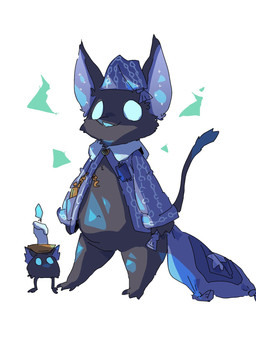 3_toes accessory ambiguous_anthro ambiguous_gender anthro barefoot beak big_ears biped black_beak black_body black_fur black_tail blue_body blue_clothing blue_eyes blue_hat blue_headwear blue_inner_ear blue_pajamas blue_topwear bottomless bottomless_ambiguous bottomless_anthro candle candlestick chain_accessory clock clothed clothed_ambiguous clothed_anthro clothing crescent_moon duo empty_eyes featureless_crotch feet fur glowing glowing_eyes hat headgear headwear holding_object holding_pillow moon multicolored_body navel nightcap open_beak open_clothing open_mouth open_topwear pajamas pattern_clothing pattern_hat pattern_headgear pattern_headwear pattern_topwear pillow pocketwatch semi-anthro simple_background sleepwear solo_focus standing tail toes topwear watch white_background young young_ambiguous young_anthro tokumori_kaisen deadlock_(game) mythology valve lil_helper_(deadlock) rem_(deadlock) avian bird chimera dream_creature gryphon mythological_avian mythological_creature 2026 3:4 hi_res