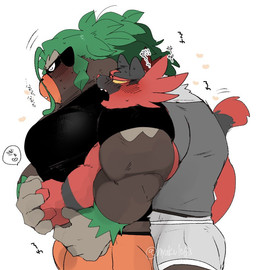 5_fingers anthro clothed clothed_anthro clothed_male clothing duo fingers hug hugging_another hugging_from_behind humanoid_hands male male/male hyaku_(artist) nintendo pokemon generation_7_pokemon generation_8_pokemon incineroar pokemon_(species) rillaboom 2022 signature