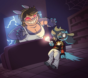 anthro beanie big_breasts black_body black_fur black_hair black_nose blue_body blue_fur bookshelf bottomwear breasts brown_hair clothing duo electricity facial_markings female flashlight fluffy fluffy_hair fur furniture hair hat head_markings headgear headwear holding_flashlight holding_object jumpscare lightning long_sleeve_shirt male markings mask_(marking) overweight overweight_anthro overweight_female pants purple_body red_sclera scared screaming shirt smile sofa spider_web t-shirt tank_top topwear somesacredbird nintendo pokemon fan_character riolu_(somesacredbird) generation_1_pokemon generation_4_pokemon gengar pokemon_(species) riolu 2025 digital_drawing_(artwork) digital_media_(artwork) hi_res