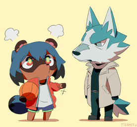 anthro basketball blue_hair clothed clothing duo female fully_clothed hair male simple_background miamitu_illust animal_crossing brand_new_animal nintendo studio_trigger michiru_kagemori shirou_ogami canid canine canis mammal raccoon_dog tanuki wolf absurd_res hi_res