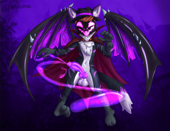 accessory animal_genitalia animal_penis anthro balls bat_wings black_body black_fur bodily_fluids cape clothing cock_ring costume cum ejaculation erection fangs feet femboy fluffy fluffy_tail flying fur genital_fluids genitals glowing glowing_cum glowing_eyes glowing_genitalia glowing_knot glowing_penis hair halloween_costume holidays jewelry knot looking_at_viewer looking_pleasured machine male membrane_(anatomy) membranous_wings neck_tuft nude open_mouth pawpads paws penile penis penis_accessory penis_jewelry purple_background runes silly_face simple_background smile solo tail teeth toes tuft unusual_bodily_fluids unusual_cum unusual_genital_fluids vampire_costume white_body white_fur wings redpurr halloween over_(over_0w0) mammal protogen vampire absurd_res digital_media_(artwork) hi_res