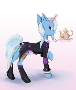 armband blue_body blue_fur clothing container cup dagger female feral footwear fur glowing hair horn knife legwear long_hair looking_at_viewer looking_back magic melee_weapon multicolored_hair plate ponytail purple_eyes simple_background smile socks solo standing suit tea_cup teapot two_tone_hair weapon hannia friendship_is_magic hasbro my_little_pony mythology trixie_(mlp) equid equine mammal mythological_creature mythological_equine unicorn