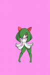 2:3 absurd_res blush breasts female full-length_portrait generation_3_pokemon green_hair hair hi_res humanoid kewon kirlia looking_at_viewer nintendo not_furry pink_background pokemon pokemon_(species) portrait red_eyes simple_background small_breasts solo standing