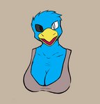 anthro beak big_breasts breasts cleavage clothed clothing collarbone feathers female heterochromia looking_at_viewer low_cut_shirt open_beak open_mouth solo axentooth servia_(axentooth) avian bird bust_portrait portrait