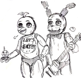 anthro beak bib bow_tie cupcake duo electric_guitar eyelashes female food freckles guitar half-closed_eyes machine male musical_instrument narrowed_eyes plucked_string_instrument string_instrument teeth text yiki-chan five_nights_at_freddy's scottgames bonnie_(fnaf) chica_(fnaf) cupcake_(fnaf) animatronic avian bird chicken galliform lagomorph leporid mammal phasianid rabbit robot black_and_white english_text hi_res monochrome