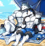 anthro beach blush duo male male/male muscular muscular_male romantic sea seaside sunscreen water graysheartart brand_new_animal studio_trigger mason_(trivolmckenley) shirou_ogami border_collie canid canine canis collie domestic_dog herding_dog mammal pastoral_dog sheepdog wolf absurd_res hi_res