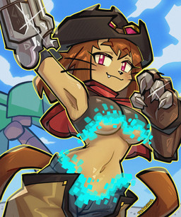4_fingers anthro biped blush breasts claws clothed clothed_anthro clothed_female clothing cowboy_hat curvy_figure cute_fangs disintegrating_clothing fangs female finger_claws fingers front_view fur gun gun_arm hair handgun hat headgear headwear hourglass_figure looking_at_viewer magenta_eyes midriff natural_breasts navel palm_tree particles pink_eyes plant ranged_weapon revolver smile solo tail teeth tree under_boob weapon weapon_arm whiskers praquina gameoverse glitch_productions kit_bodega domestic_cat felid feline felis mammal 2026 absurd_res digital_drawing_(artwork) digital_media_(artwork) hi_res