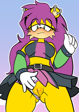 anthro anus blush bottomwear breasts clitoral_hood clothing clothing_aside clothing_pull ear_piercing female fur genitals green_eyes hair half-closed_eyes looking_at_viewer narrowed_eyes panties panties_aside panty_pull piercing presenting presenting_vulva purple_hair simple_background skirt smile solo tail topwear underwear underwear_aside underwear_pull vulva yellow_body demichan archie_comics sega sonic_the_hedgehog_(archie) sonic_the_hedgehog_(comics) sonic_the_hedgehog_(series) mina_mongoose herpestid mammal mongoose absurd_res digital_media_(artwork) hi_res