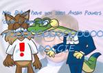 anthro clothed clothing dialogue duo exclamation_point eyewear fur glasses green_body green_scales long_neck name_drop name_in_dialogue scales shitpost species_in_dialogue species_name_variant standing suit text what themogsta austin_powers bubsy_(series) gex_(series) bubsy gex_the_gecko felid feline gecko lizard lynx mammal reptile scalie absurd_res english_text hi_res meme