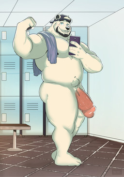 anthro areola balls beard belly biceps big_balls big_penis biped butt clothing facial_hair fur genitals hat hat_only headgear headgear_only headwear headwear_only huge_penis inside locker locker_room male mostly_nude musclegut muscular muscular_anthro muscular_male navel nipples overweight overweight_anthro overweight_male pecs penis pubes selfie smile solo thick_penis towel white_body white_fur flufflecraft bear mammal polar_bear ursine 2022 absurd_res digital_media_(artwork) hi_res
