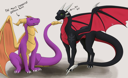 all_fours black_body claws couples duo female feral green_eyes happy horn male purple_body simple_background smile tail text white_background wings apollyondragon activision mythology spyro_the_dragon cynder spyro dragon mythological_creature mythological_scalie scalie 2025 digital_drawing_(artwork) digital_media_(artwork)