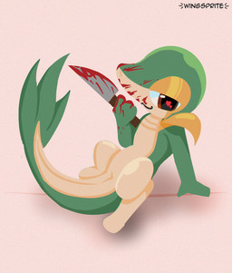 4_fingers :3 ambiguous_gender anthro big_nose biped blood blood_on_arm blood_on_face blood_on_hand blood_on_knife bodily_fluids brown_eyes digitigrade fingers green_arms hand_on_ground heart_eyes heart_symbol holding_knife holding_object knife long_tail looking_at_viewer narrowed_eyes pink_background simple_background sitting solo tail text white_body white_legs white_sclera yandere yellow_eyelids wingsprite nintendo pokemon generation_5_pokemon pokemon_(species) snivy 2025 artist_name digital_drawing_(artwork) digital_media_(artwork) portrait watermark