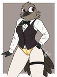 anthro bikini bow_tie camel_toe clothed clothing collared_shirt dress_shirt female gold_bikini gold_panties hand_on_hip leg_strap name_tag panties pantsless shirt solo swimwear topwear two-piece_swimsuit underwear vest waiter waiter_suit waitress_uniform fish_birb millie_(fish_birb) avian bird oscine passerine starling_(bird) absurd_res hi_res