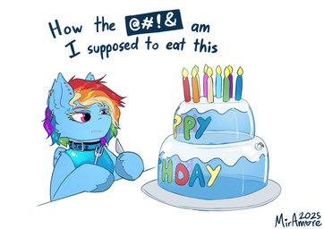birthday blue_body blue_fur cake clothing collar cutlery dessert ear_piercing feathered_wings feathers female food fork fur grumpy hair heart_symbol inflatable kitchen_utensils knife latex latex_clothing latex_skinsuit multicolored_hair piercing rainbow_hair simple_background skinsuit solo swear_filter text tight_clothing tools wings miramore friendship_is_magic hasbro my_little_pony mythology rainbow_dash_(mlp) equid equine mammal mythological_creature mythological_equine pegasus dated digital_media_(artwork) english_text hi_res signature