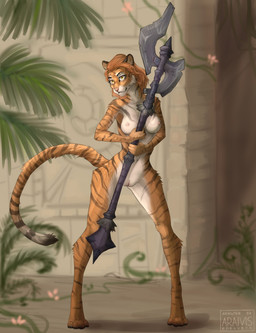 4_toes 5_fingers anthro areola axe battle_axe biped breasts brown_body brown_fur brown_pawpads casual_nudity claws detailed_background digitigrade double_bitted_axe fantasy_axe fantasy_weapon feet female fern fingers flower fur genitals greataxe hair holding_object holding_weapon large_weapon looking_at_viewer melee_weapon navel nipples nude orange_body orange_fur orange_hair palm_tree pawpads pink_areola pink_nipples pink_nose pink_vulva plant rock smile solo spiked_axe standing stone_wall striped_body striped_fur stripes tan_hair toes tree vines vulva wall_(structure) weapon white_body white_fur wide_hips yellow_eyes araivis-edelveys felid mammal pantherine tiger hi_res