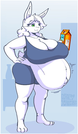 anthro bangs belly beverage big_belly big_breasts border breasts butt feet female female_anthro fur green_eyes hair huge_breasts juice_(beverage) long_hair motion_lines navel outie_navel pregnant pregnant_anthro pregnant_female rabbit_ears scut_tail short_tail simple_background smile solo standing tail toes white_body white_border white_fur white_hair workout_clothing koolish mallow_(bloobiesus) lagomorph leporid mammal rabbit full-length_portrait portrait