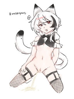 belly bodily_fluids bottomless clothed clothing crouching ears_up ejaculation female fishnet_clothing fishnet_legwear flat_chested genital_fluids genitals kneeling kneeling_on_ground legwear navel peeing red_eyes simple_background simple_coloring smile solo tail text topwear urine vaginal_fluids vaginal_squirting vulva watersports white_background 137rt domestic_cat felid feline felis human humanoid mammal 3:4 hi_res