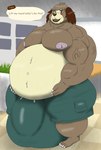 anthro areola balls_outline belly big_areola big_belly big_bulge big_muscles bulge clothing detailed_bulge genital_outline huge_belly huge_bulge huge_muscles hyper hyper_bulge lifting_belly male muscular solo swimming_trunks swimwear text alythewolfcat animal_crossing nintendo digby_(animal_crossing) canid canine canis domestic_dog mammal shih_tzu toy_dog english_text hi_res